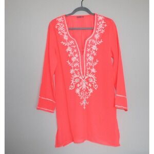 Blue Island Beach Coverup Boho Chiffon Sheer Embroidered Top Coral Peach Small